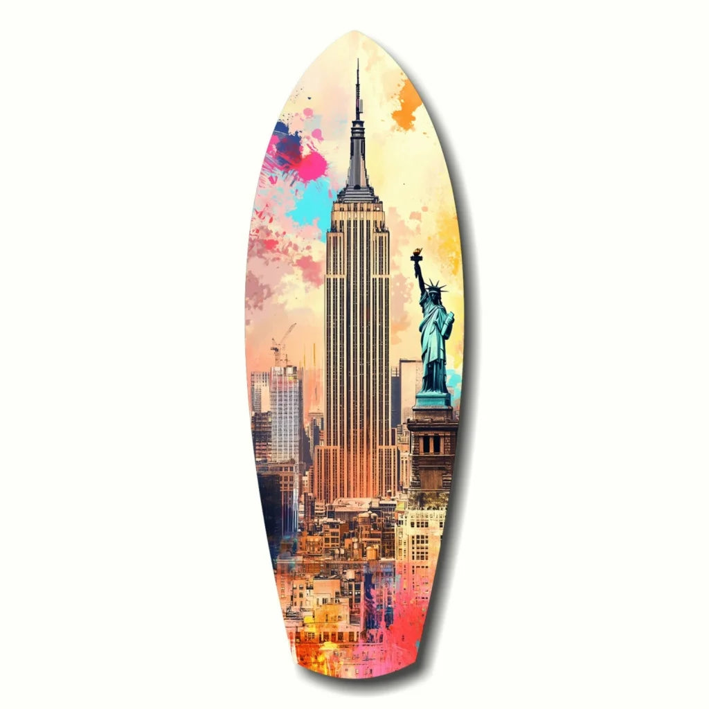NYC surfboard tempered glass art with Empire State Building, Statue of Liberty, and size comparison