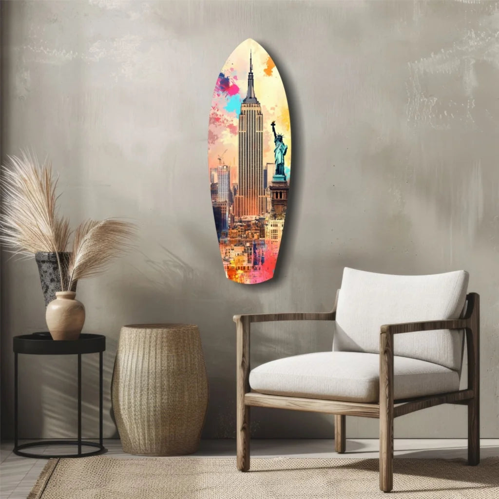 Vibrant NYC skyline tempered glass art surfboard with size guide