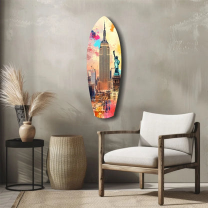 Vibrant NYC skyline tempered glass art surfboard with size guide
