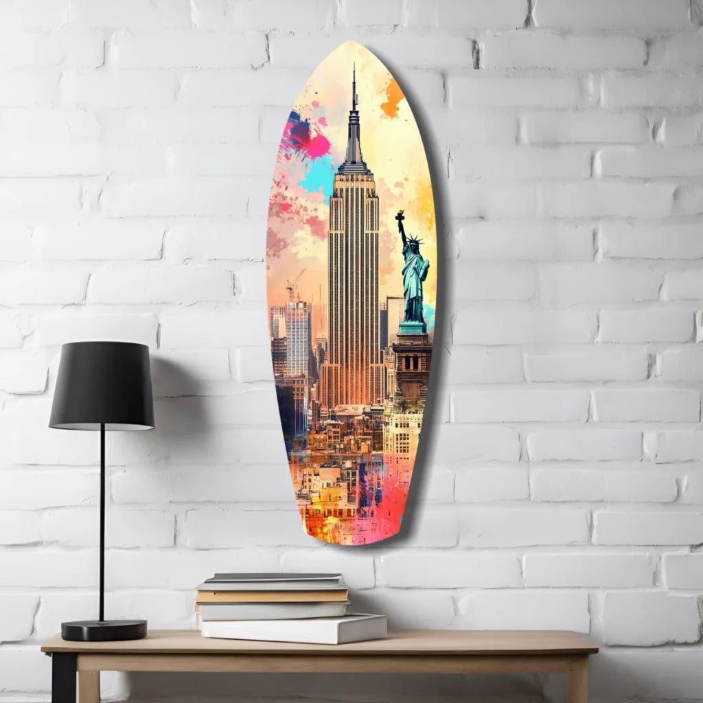 NYC surfboard tempered glass art of Empire State Building and Statue of Liberty with size comparison