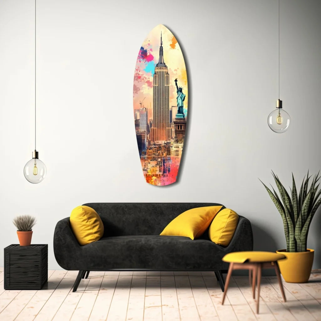 NYC Surfboard Tempered Glass Art with Empire State Building and Statue of Liberty in Vibrant Watercolor Hues