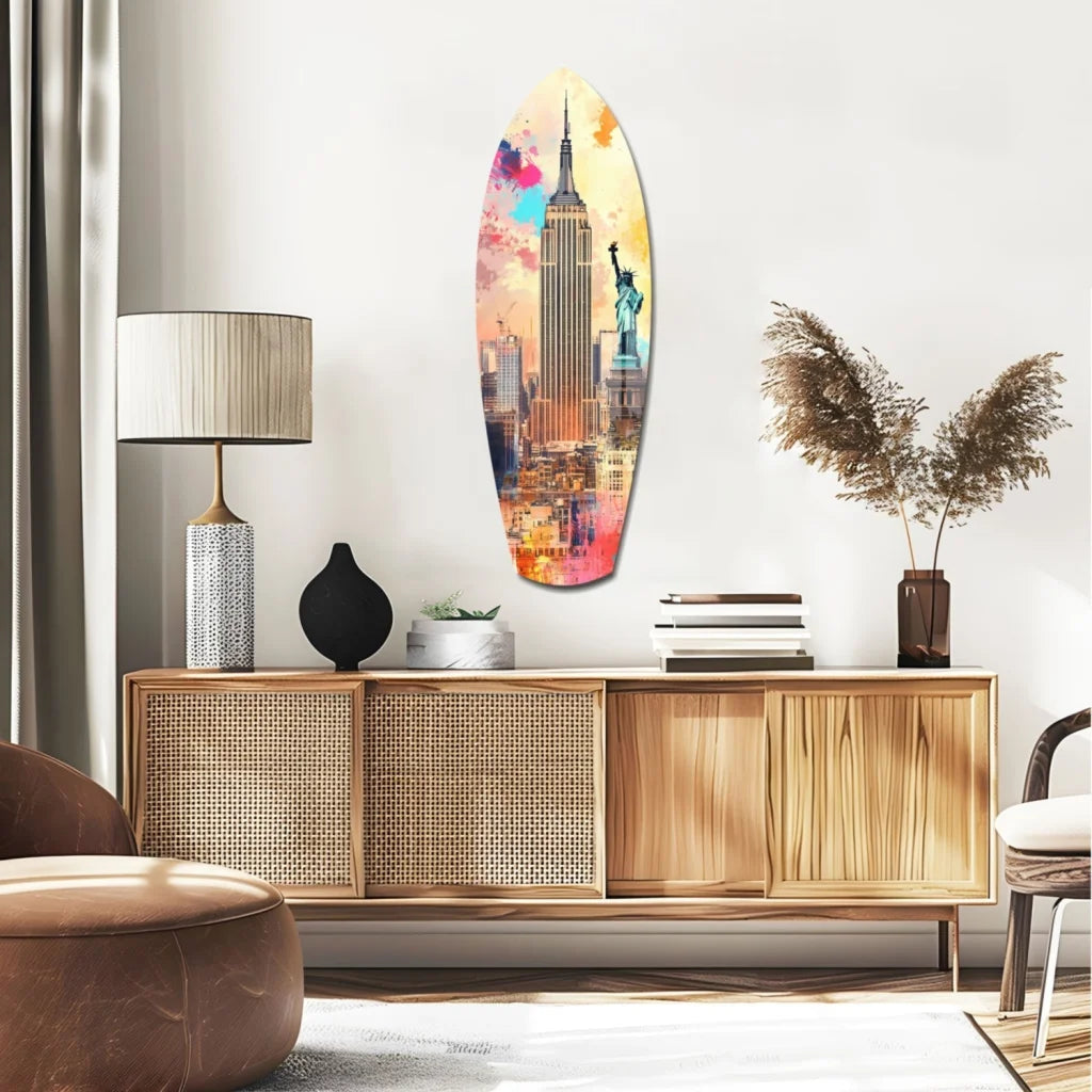 Colorful NYC surfboard tempered glass art with Empire State Building, Statue of Liberty, and size comparison