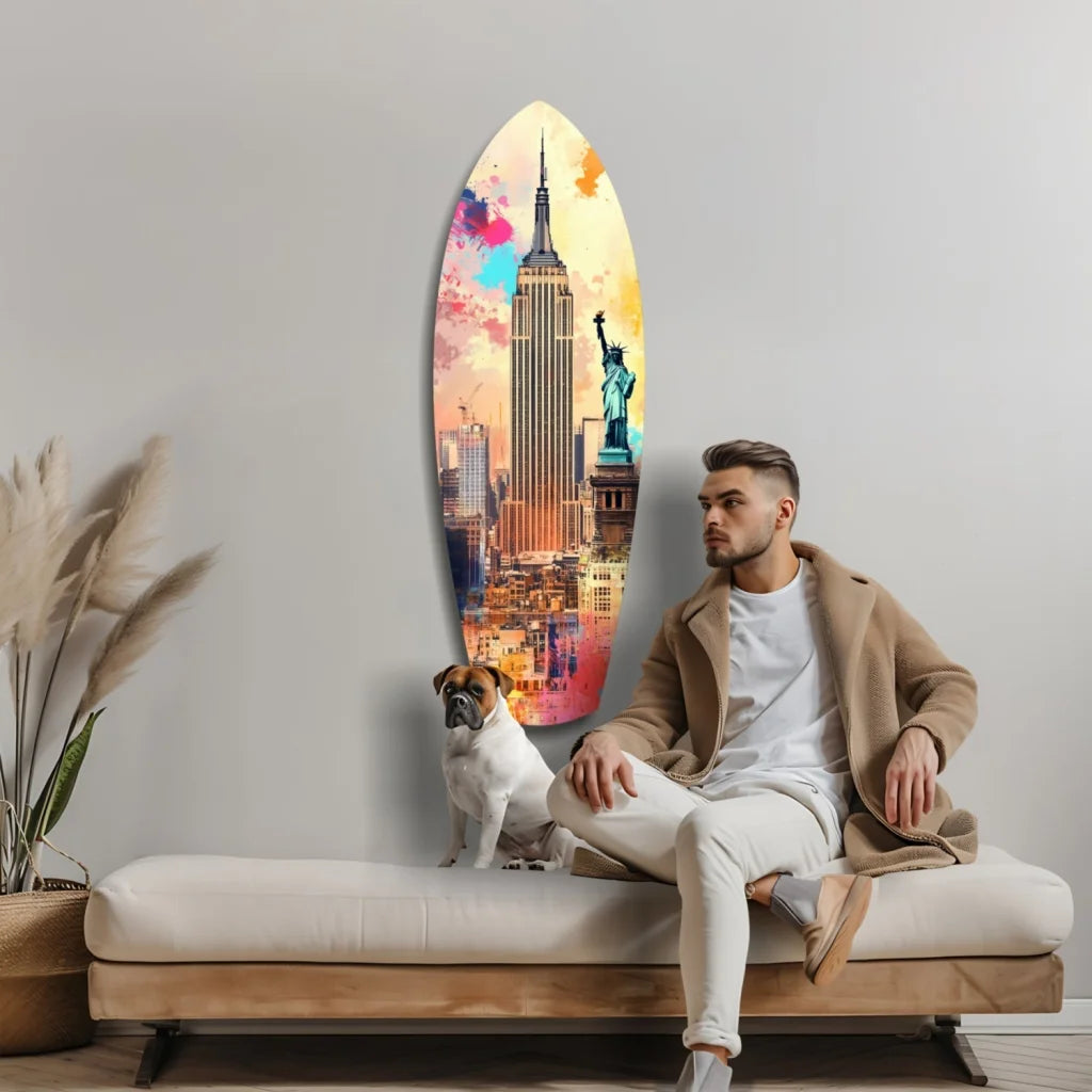 Vibrant NYC surfboard tempered glass art with Empire State Building and Statue of Liberty, size comparison