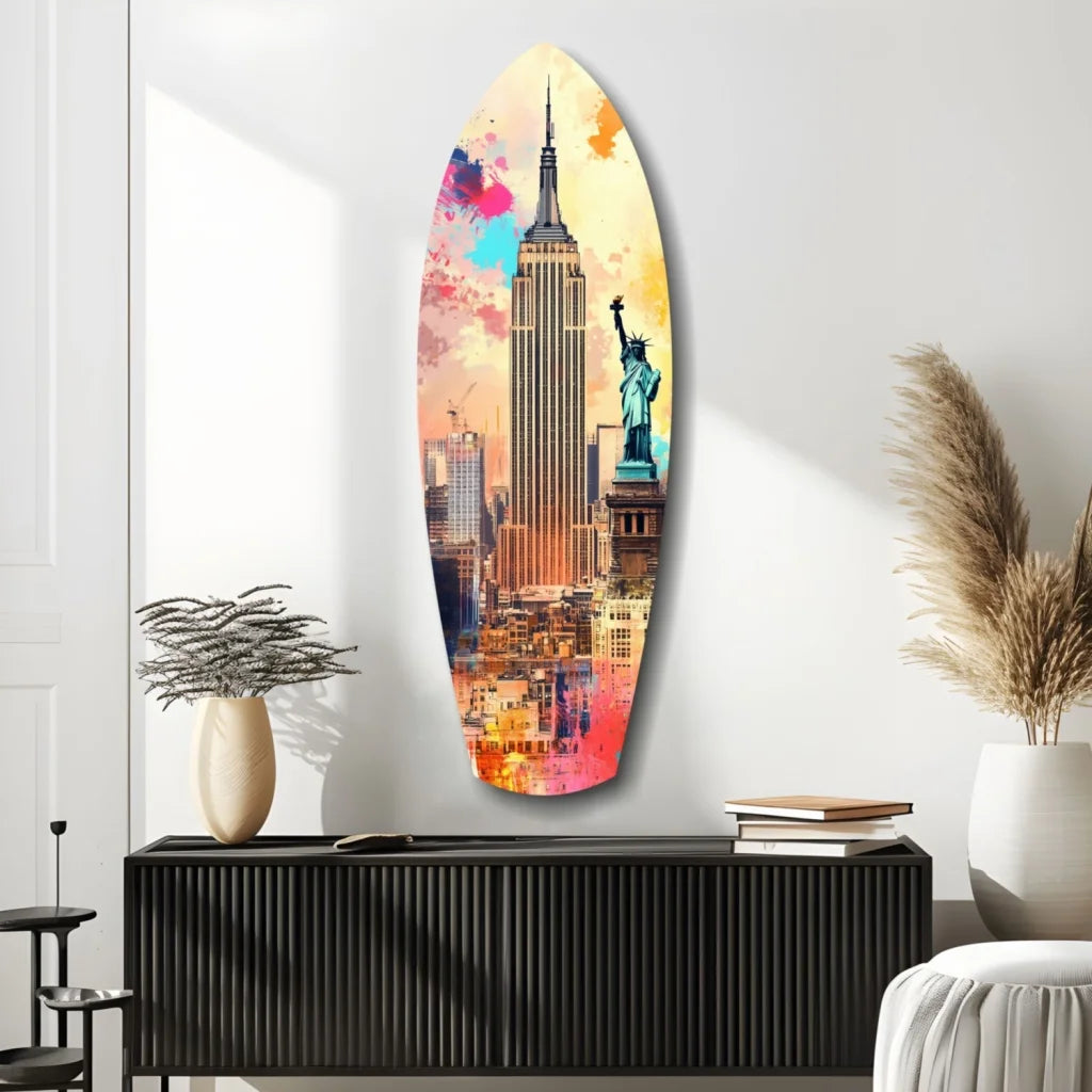 Vibrant NYC surfboard tempered glass art with Empire State Building and Statue of Liberty