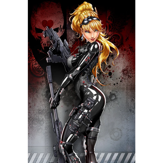 NYCC exclusive virgin black tactical combat suit with glossy finish and red accents by Tyndall