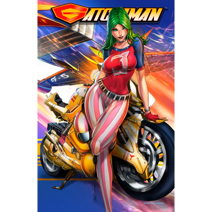 Vibrant NYCC Gatchaman female superhero with green hair in red blue top