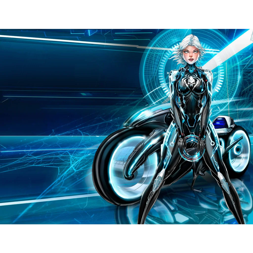 NYCC White Widow Tron cybernetic bike in black and blue with cyan glow