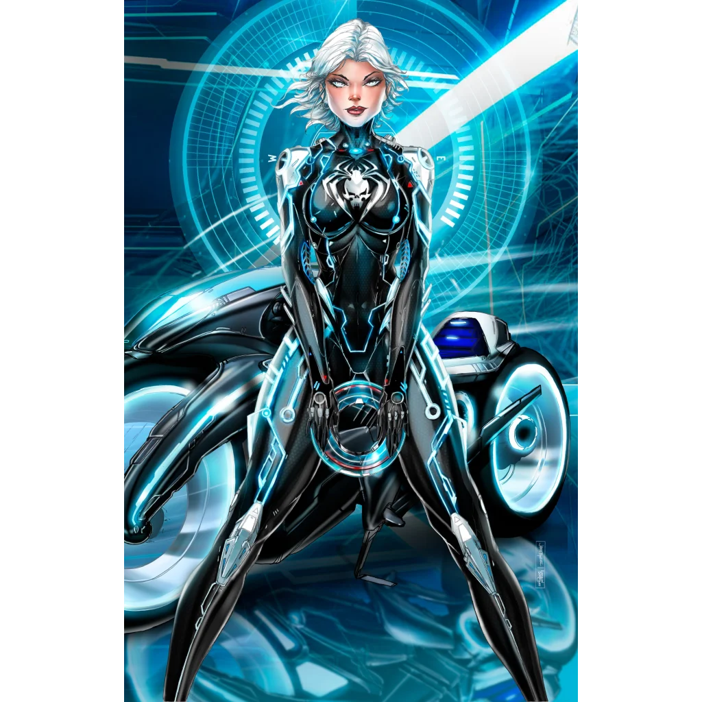 NYCC White Widow Tron cybernetic suit in black and blue with spider emblem