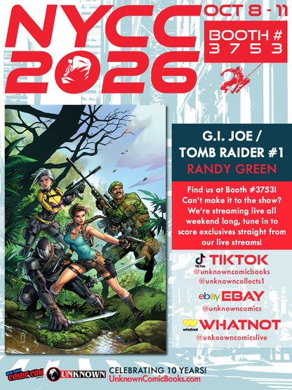Convention promotional banner showing G.I. Joe / Tomb Raider #1 cover art of four armed figures in jungle foliage.
