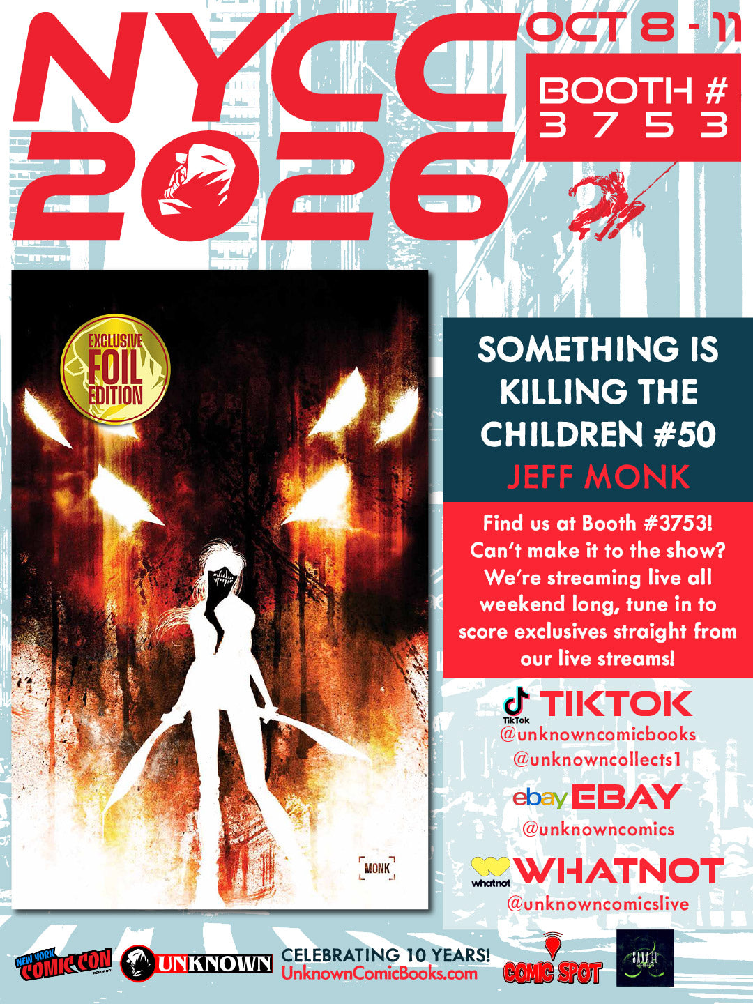 Promotional poster with NYCC 2026 lettering beside a comic cover of a white silhouetted figure with blades on red-orange smoke.