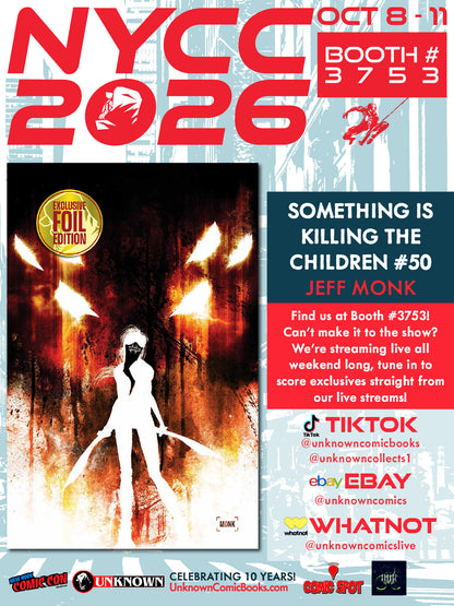 Promotional poster with NYCC 2026 lettering beside a comic cover of a white silhouetted figure with blades on red-orange smoke.