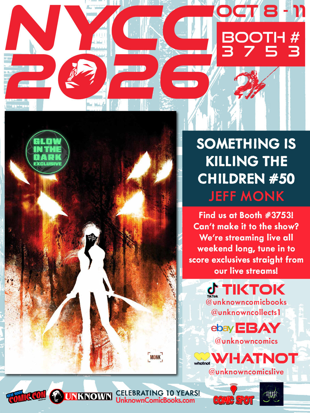 NYCC 2026 promotional flyer showing a comic cover of a white silhouetted figure holding blades on red and orange.