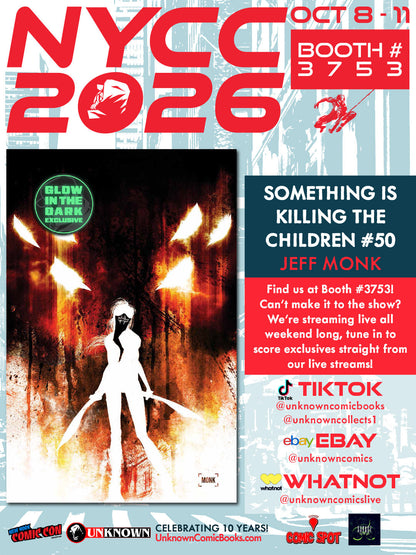 NYCC 2026 promotional flyer showing a comic cover of a white silhouetted figure holding blades on red and orange.