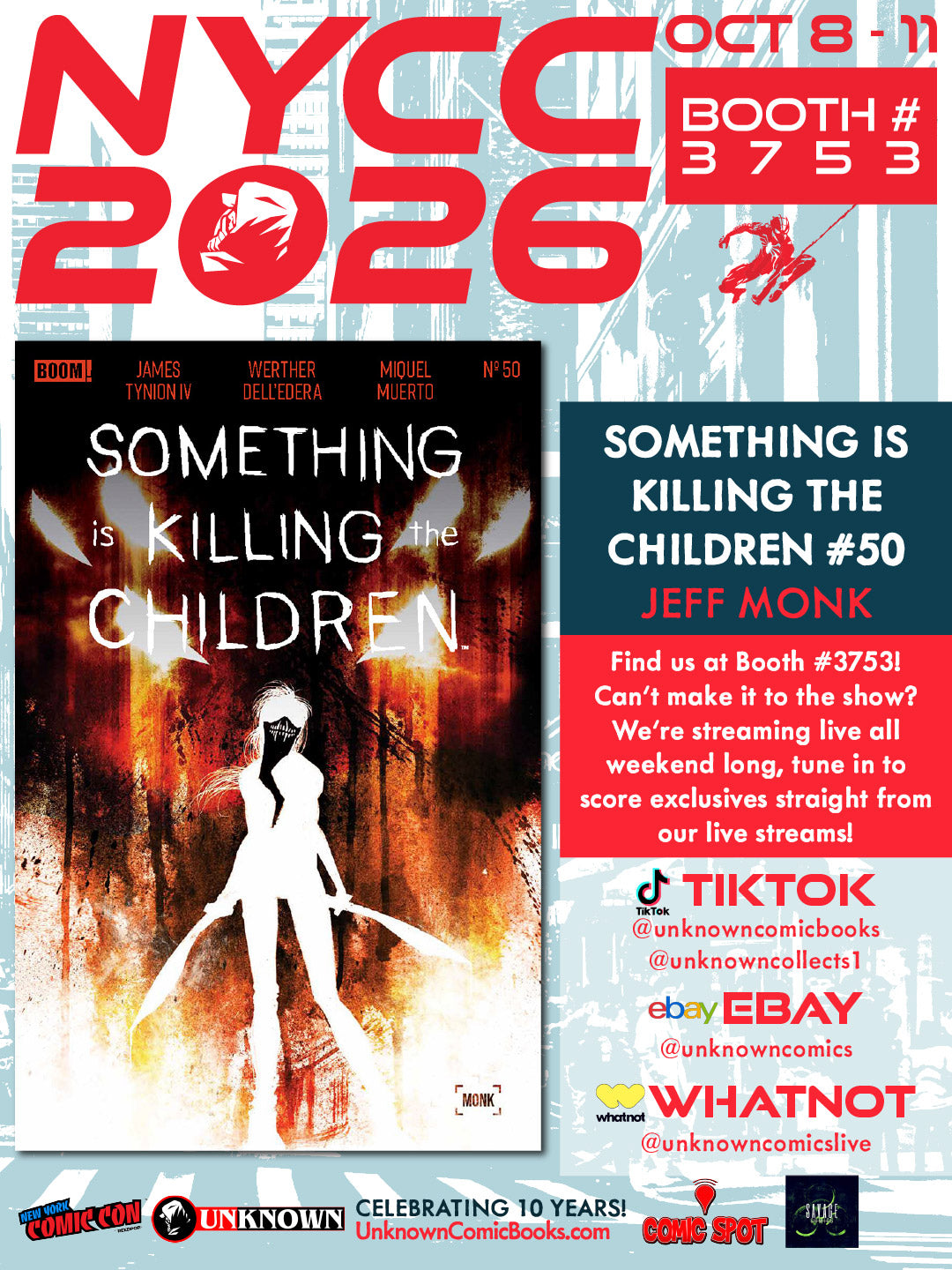 Convention poster for NYCC 2026 showing the Something Is Killing the Children #50 cover: a white silhouetted figure on red and orange.