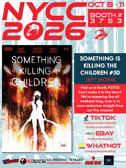 Convention poster for NYCC 2026 showing the Something Is Killing the Children #50 cover: a white silhouetted figure on red and orange.