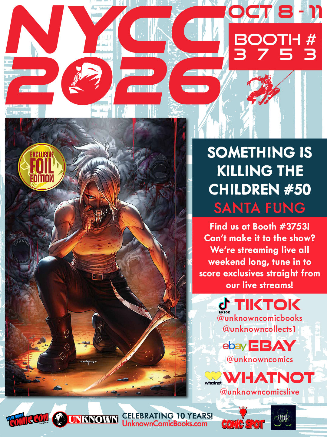 Convention flyer for NYCC 2026 Booth 3753 featuring a kneeling white-haired figure holding a bloodied blade, gold Exclusive Foil seal.