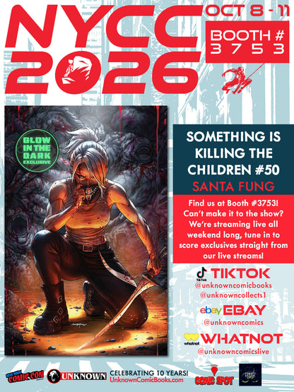 Promotional flyer for NYCC 2026 Booth #3753 showing a kneeling white-haired figure with a bloody blade and green glow-in-the-dark badge.