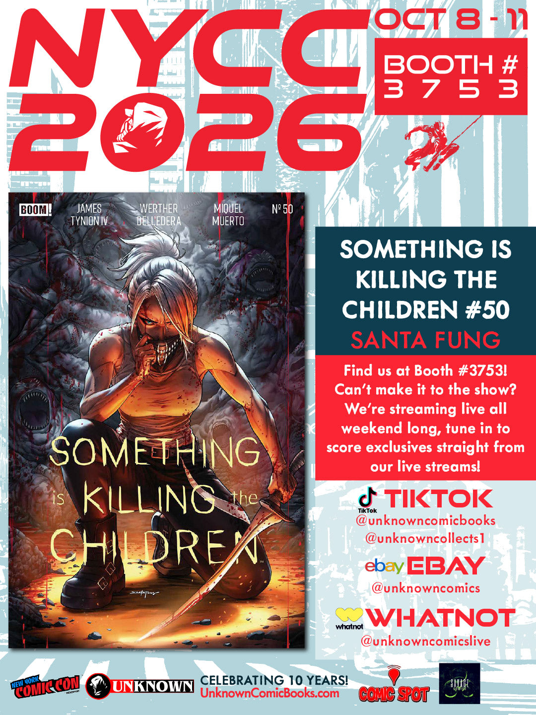 NYCC 2026 flyer featuring the Something Is Killing the Children #50 cover of a kneeling figure with a bloodied blade.