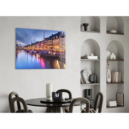 Vibrant canal twilight wall art canvas print with boats and lights