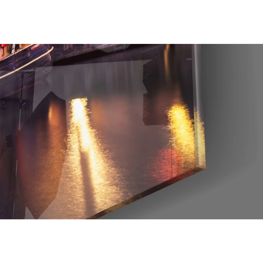 Stunning harbor twilight glass wall art with golden city reflections