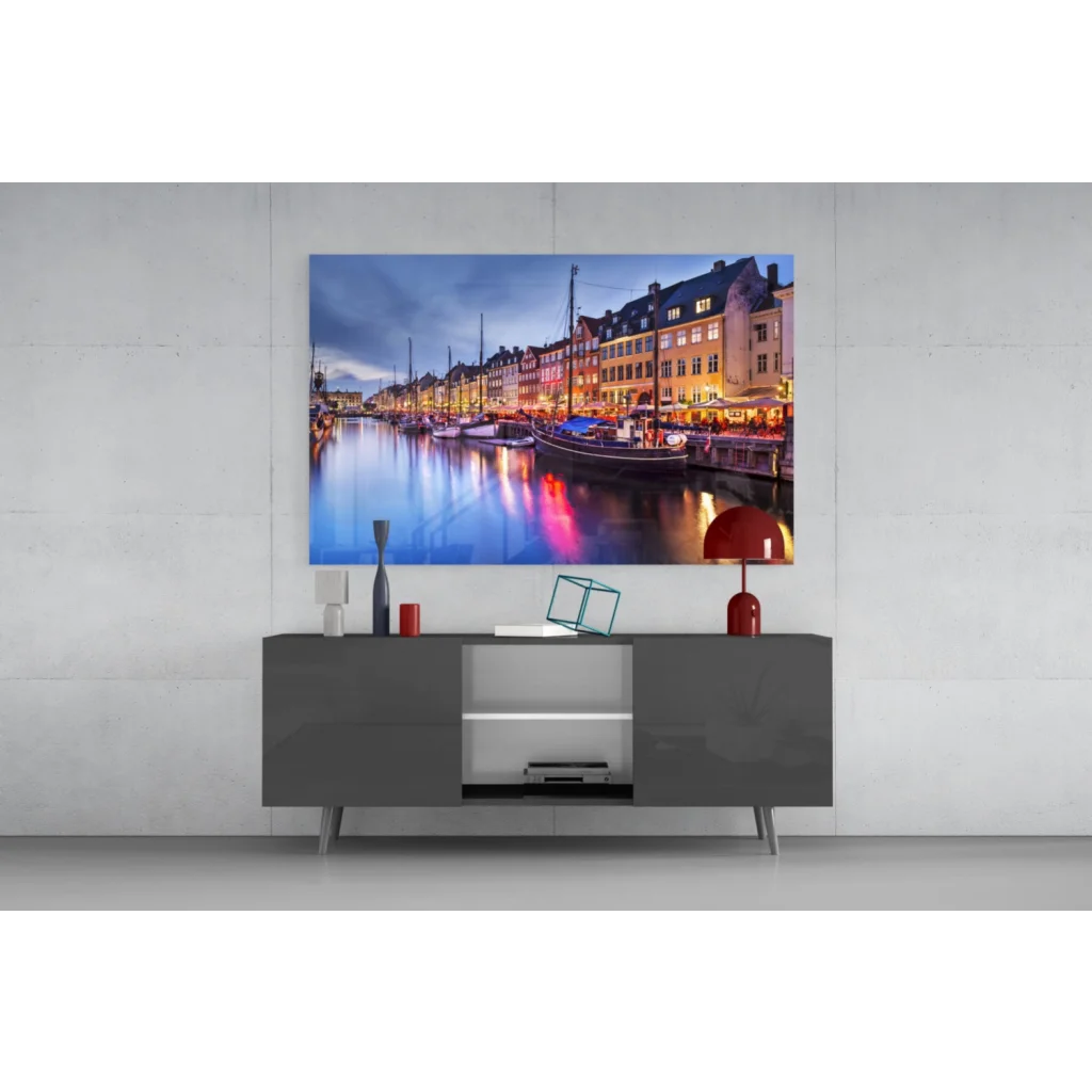 Vibrant harbor twilight wall art canvas print with canal lights