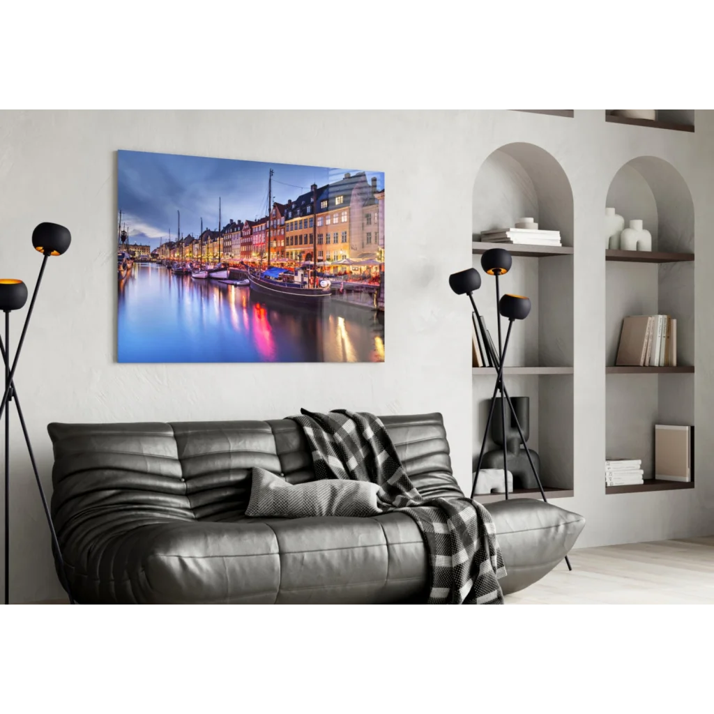 Vibrant twilight harbor canvas wall art with canal boats and lights