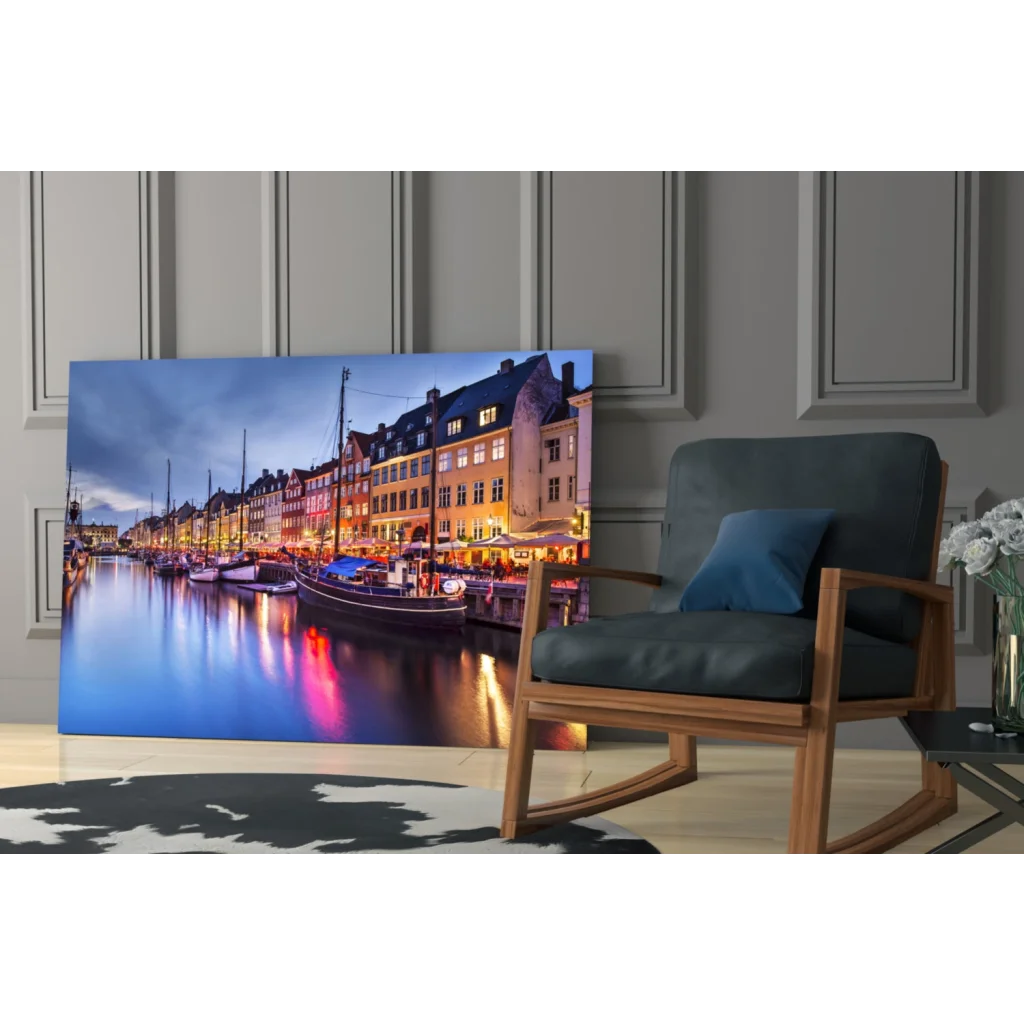 Vibrant twilight harbor canvas wall art with glowing buildings and boats