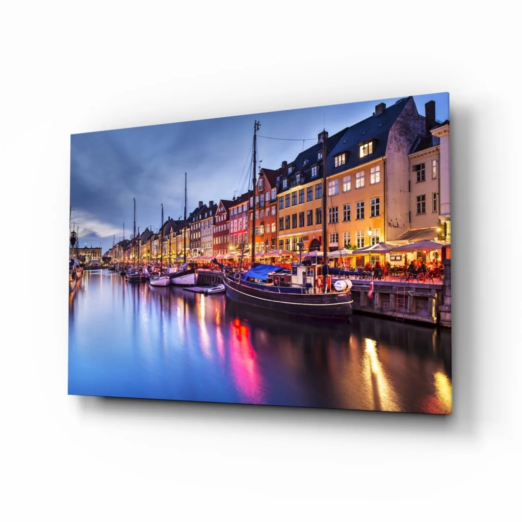 Stunning harbor twilight canvas wall art print with colorful buildings and boats