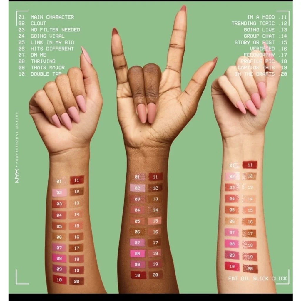 Nyx Fat Oil Slick Click vegan lip balm swatch card in 20 shades