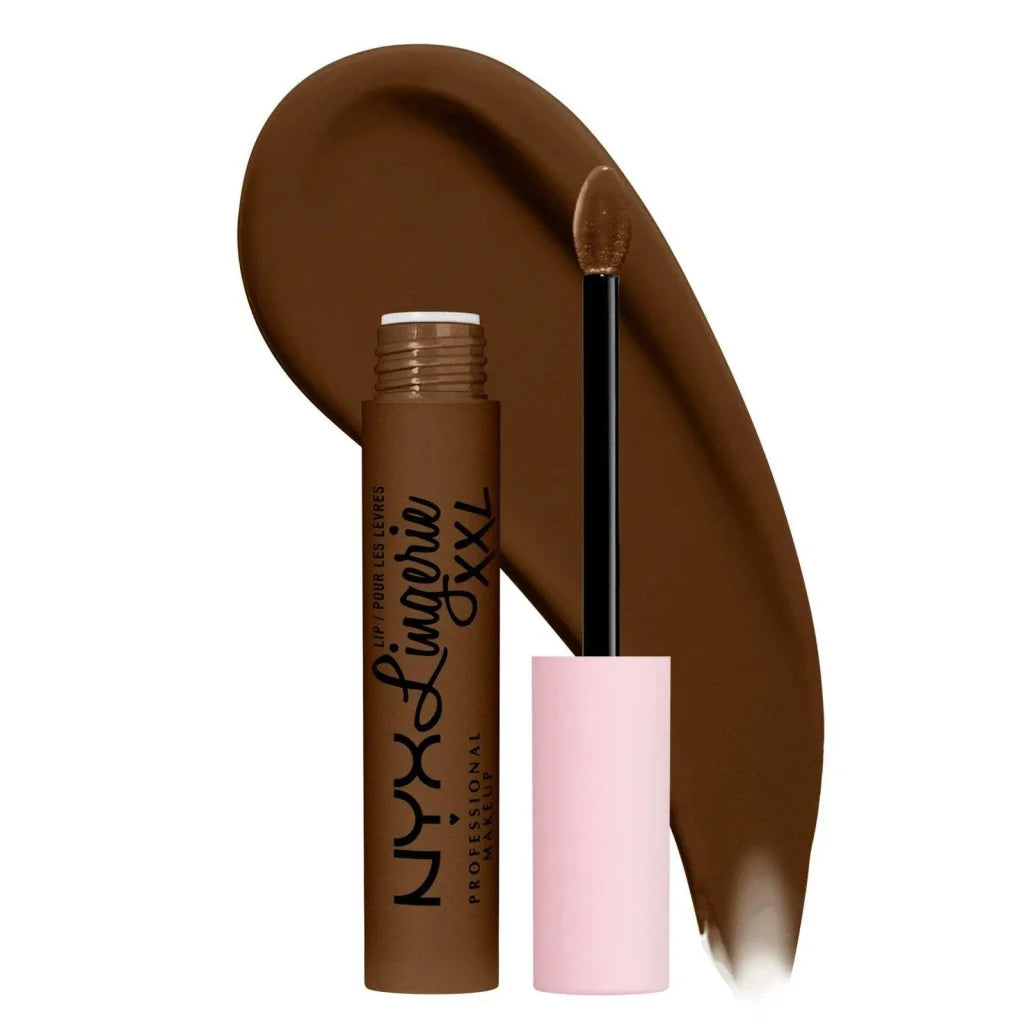 NYX Lingerie XXL liquid lipstick Goin Desnuda with brown swatch