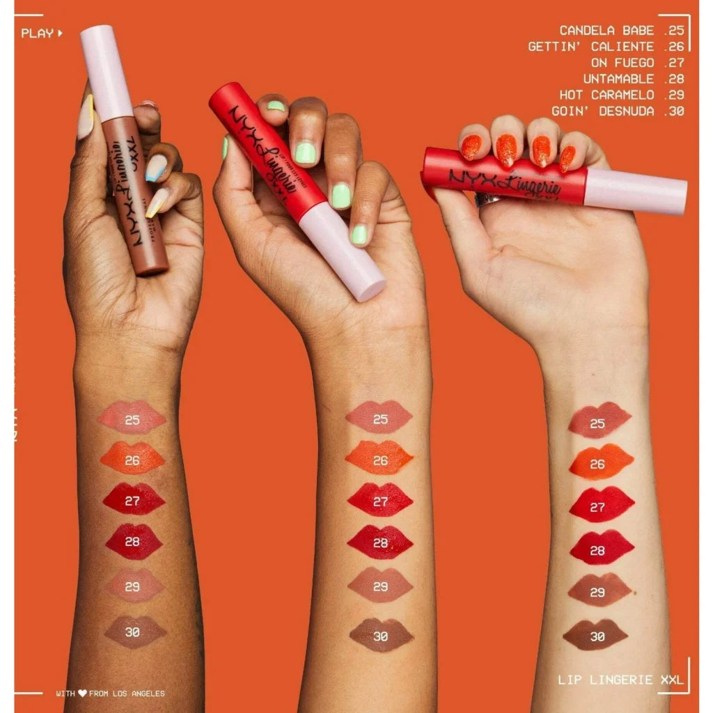 NYX Lingerie XXL liquid lipstick Goin Desnuda in red white tubes with arm swatches