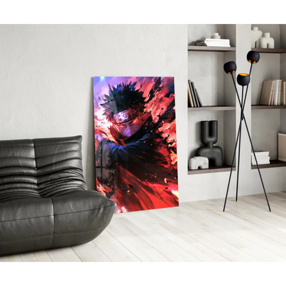 Vibrant anime glass wall art of spiky-haired character with glowing eyes and energy burst on purple sky backdrop