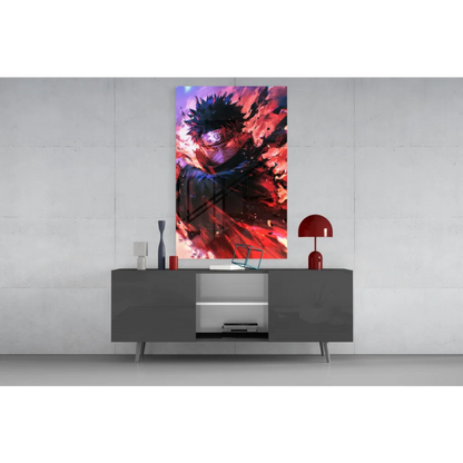 Anime Energy Burst glass wall art with spiky-haired character and purple sky
