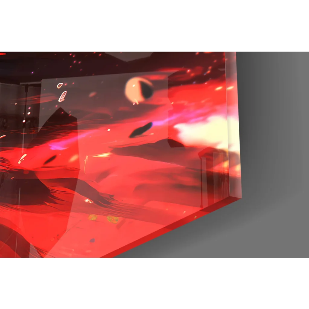 Vibrant red translucent Anime Energy Burst glass wall art with cosmic planets, nebulae, and purple sky