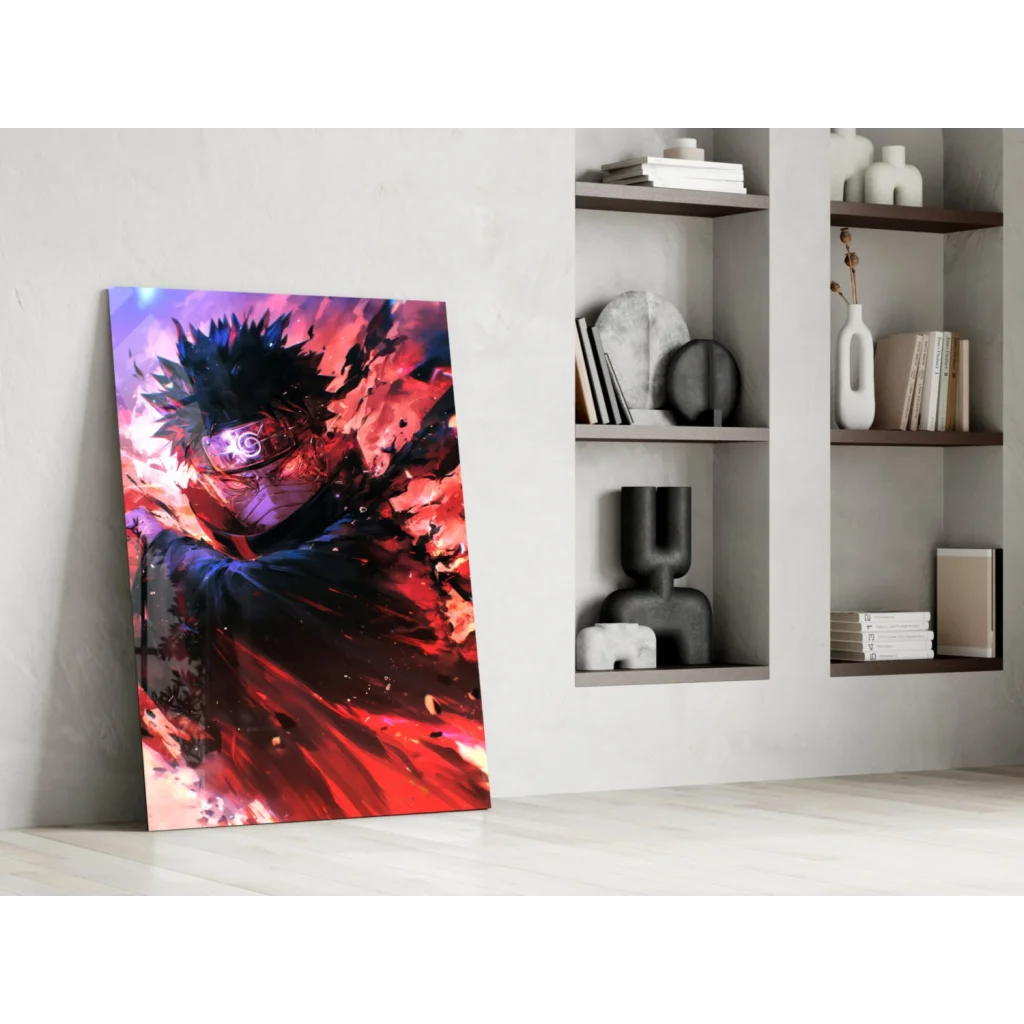 Vibrant red and purple anime character on glass wall art with purple sky backdrop