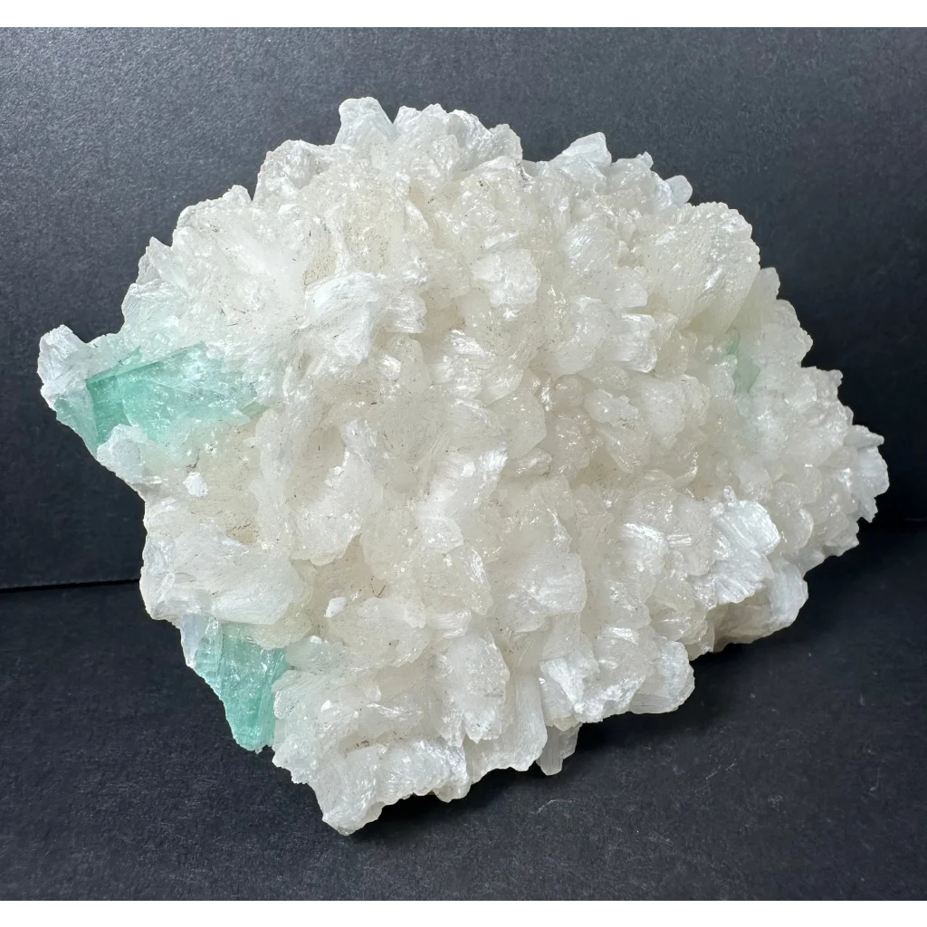 Ocean green apophyllite with stilbite on matrix, translucent crystalline cluster