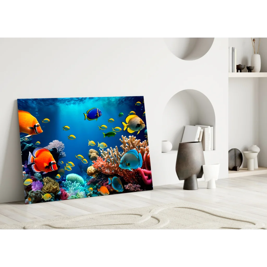 Vibrant tropical coral reef glass wall art with colorful fish