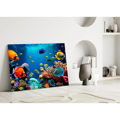 Vibrant tropical coral reef glass wall art with colorful fish