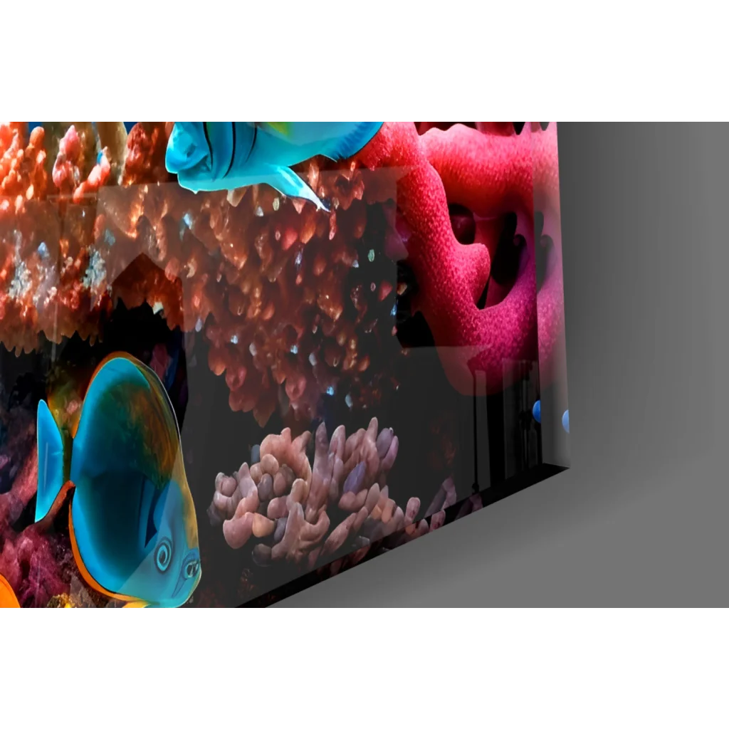 Vibrant tropical coral reef glass wall art with colorful fish on glossy screen