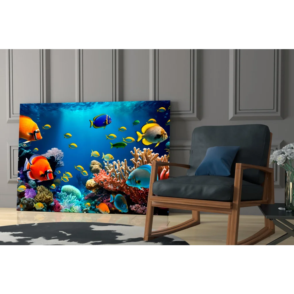 Vibrant tropical coral reef glass wall art with colorful fish