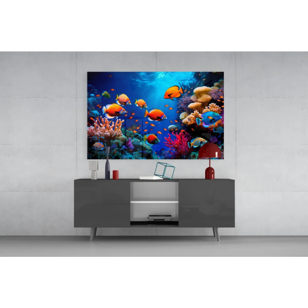 Stunning coral reef glass wall art with tropical fish in modern living room