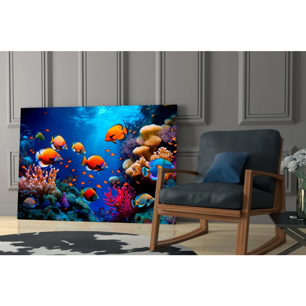 Vibrant coral reef wall art with orange blue fish in colorful corals