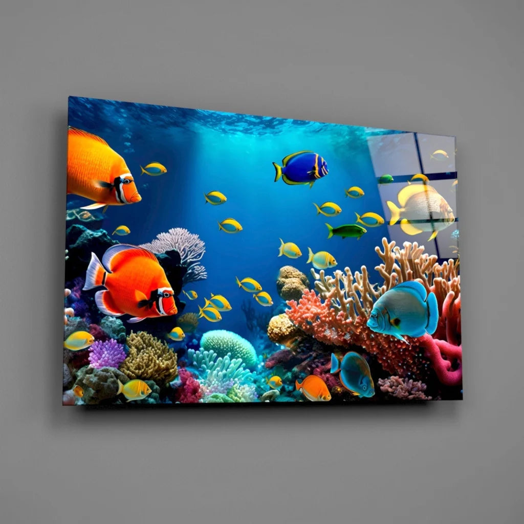 Vibrant tropical coral reef glass wall art with colorful fish
