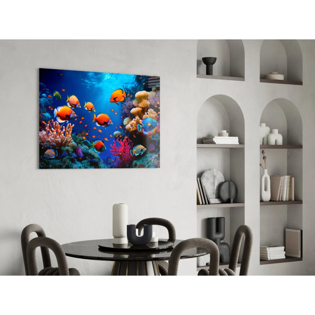 Vibrant coral reef wall art with orange blue tropical fish among corals