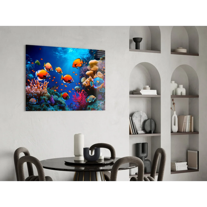 Vibrant coral reef wall art with orange blue tropical fish among corals