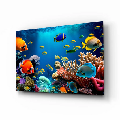 Vibrant tropical coral reef glass wall art with colorful fish