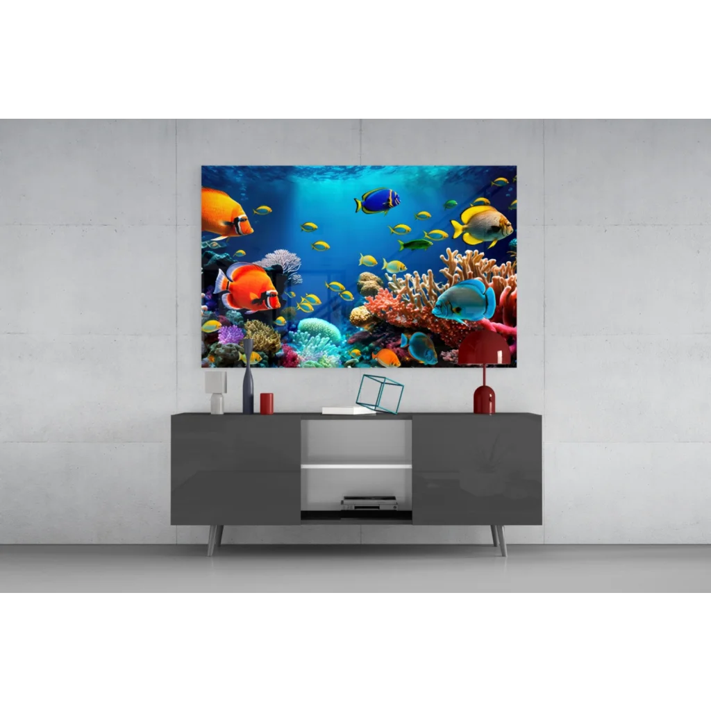 Vibrant tropical coral reef glass wall art with colorful fish