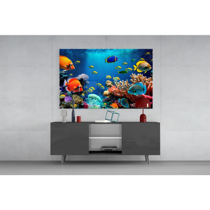 Vibrant tropical coral reef glass wall art with colorful fish