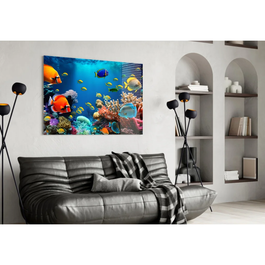 Vibrant tropical coral reef glass wall art with colorful fish