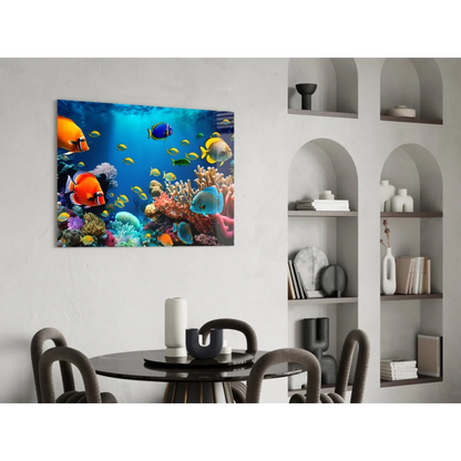 Vibrant tropical coral reef glass wall art with colorful fish
